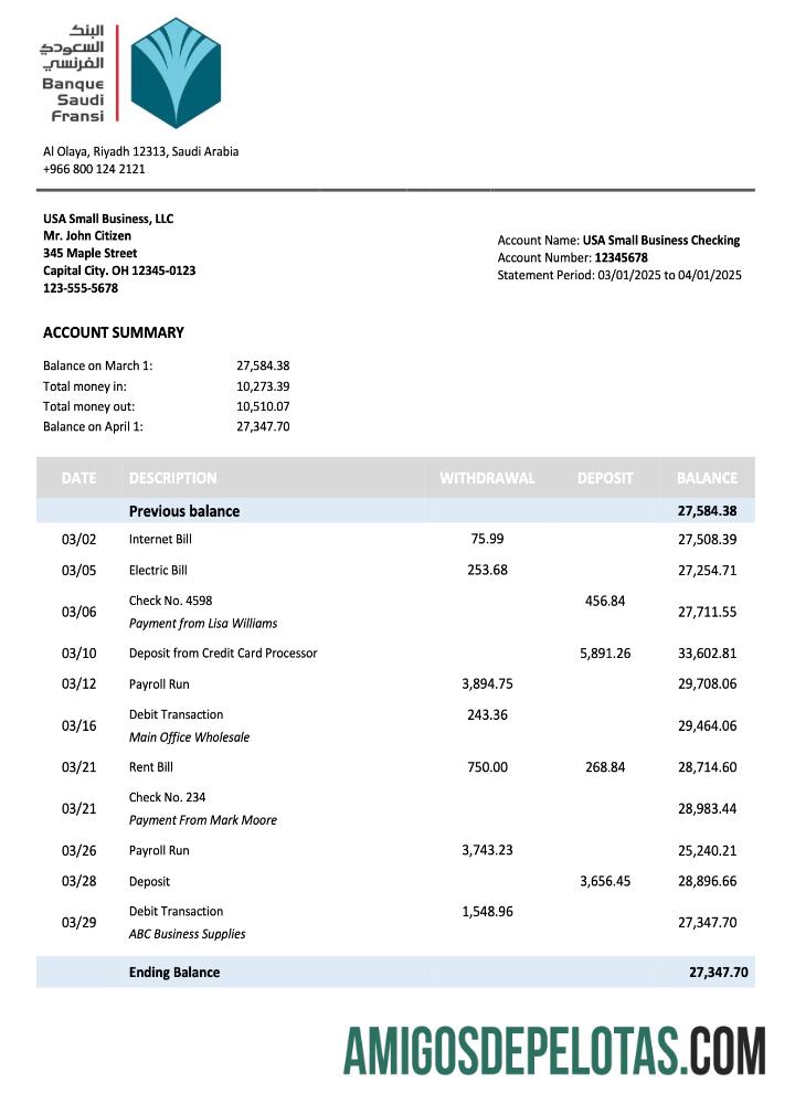 Realista Saudi Arabian Banque Saudi Fransi Organization Checking modelo de extrato de conta Word e PDF